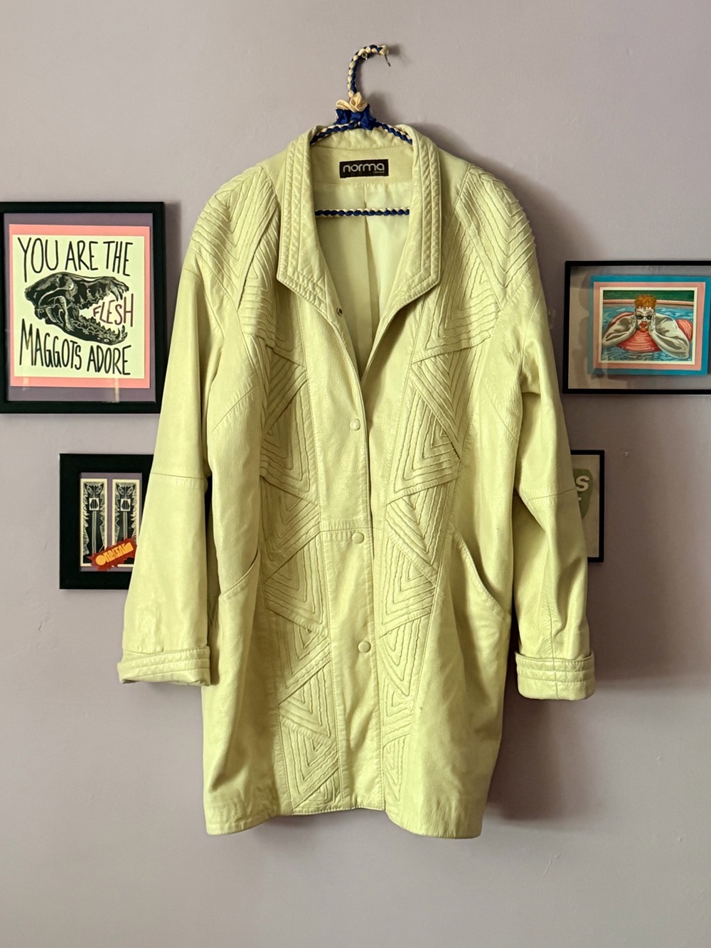 Vintage Cream Leather Coat M | Embossed Quilted Boho Statement Jacket